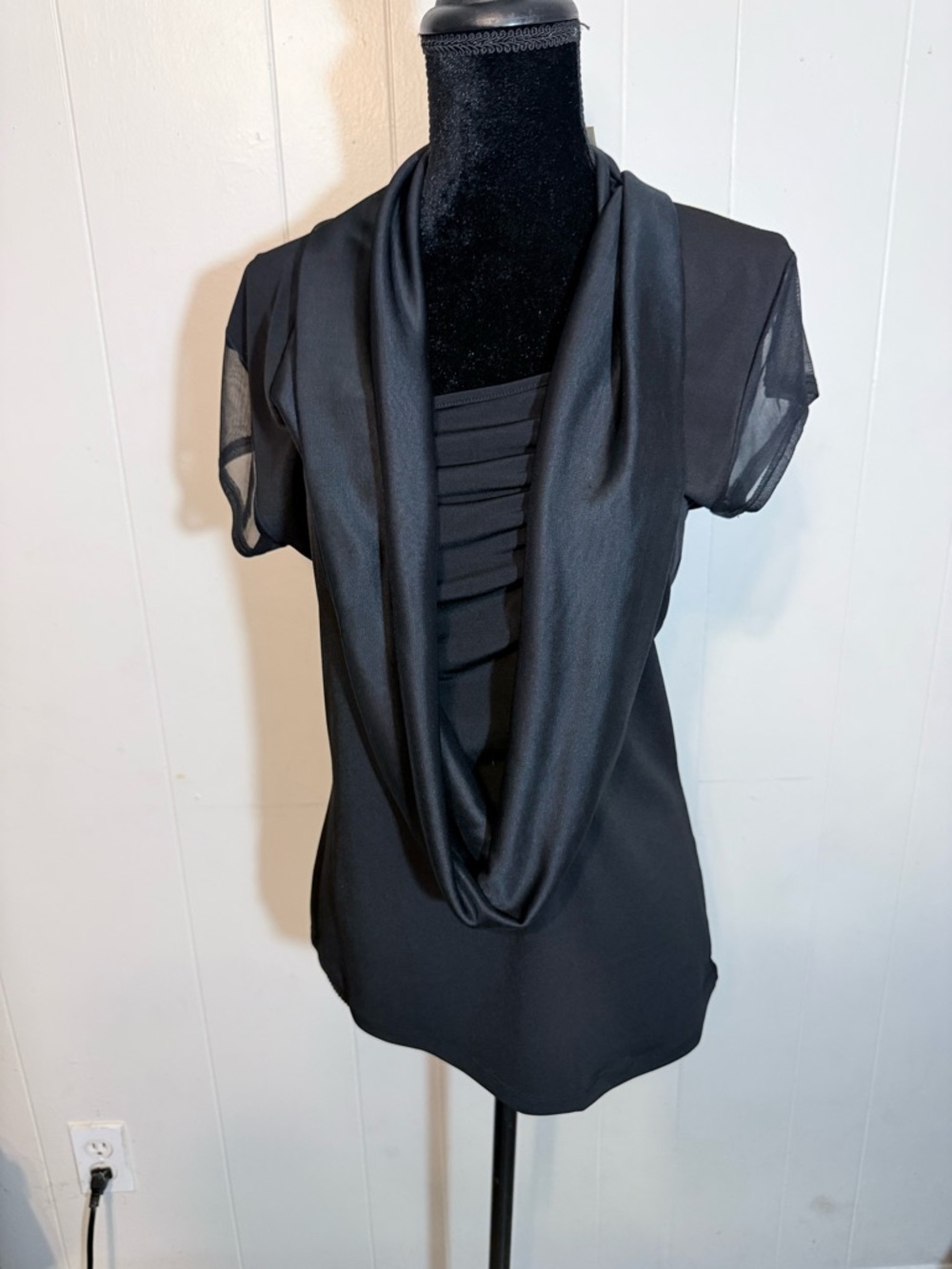 Vintage Suzie Black Draped Cowl Neck Short Sleeve Top